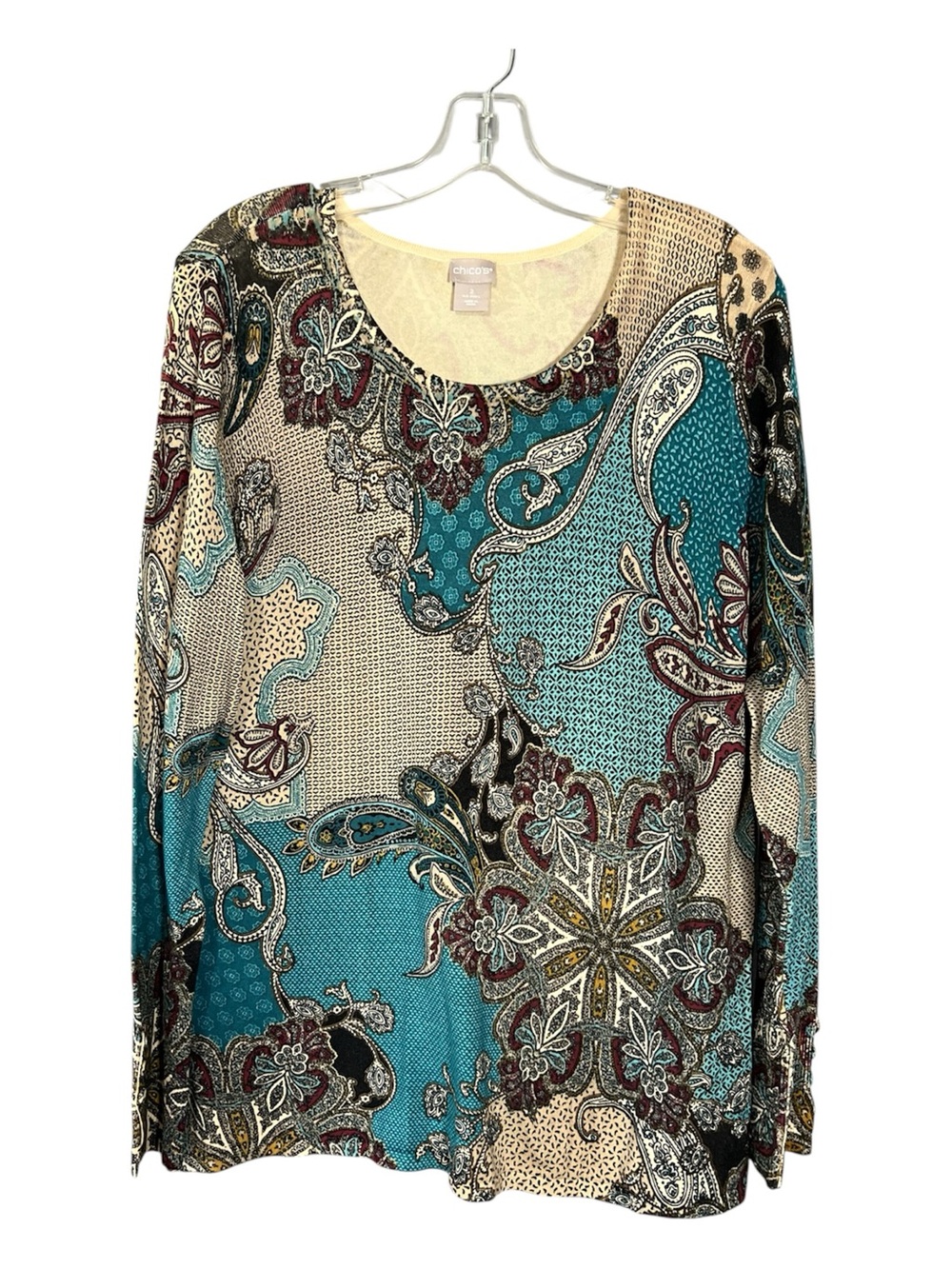 Chico’s Paisley Floral Print Knit Top Size 2 Large Teal Beige Long Sleeve